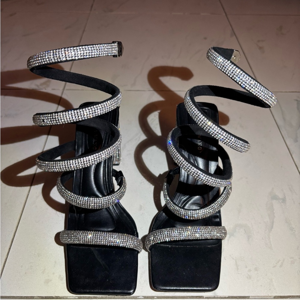Black Crystal Spiral Wrap Heeled Sandals